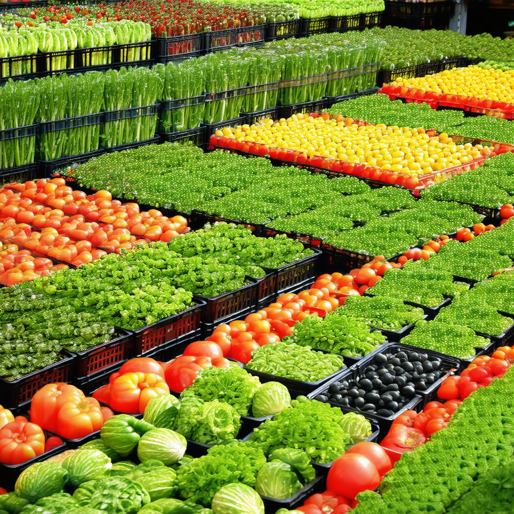 Showcases a large variety of fresh vegetables displayed i...
