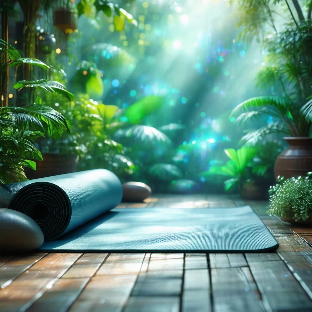 Yoga mat placed on a wooden floor in a room with a forest...