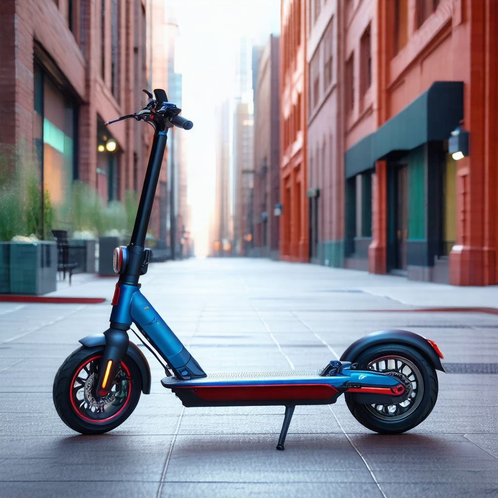 Blue and red scooter parked on a sidewalk in front of a b...