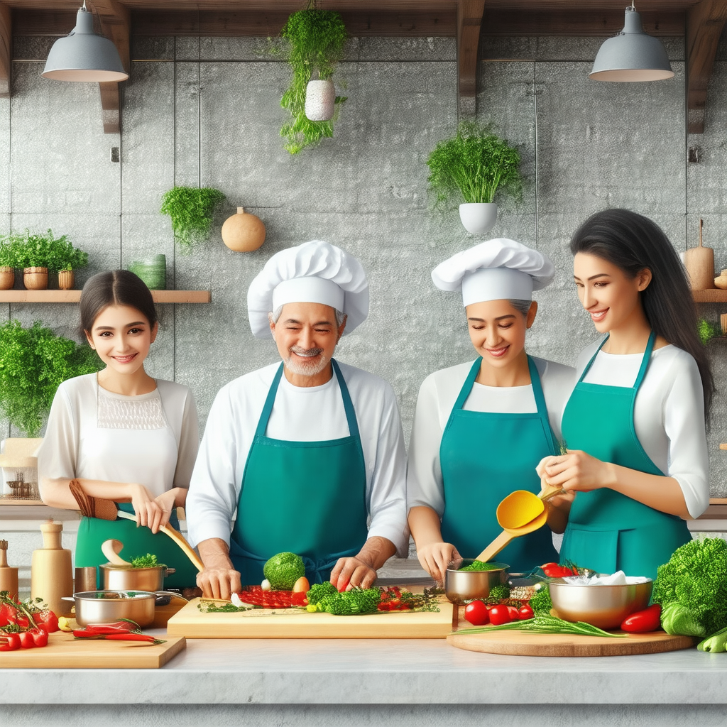 Group of people gathered in a kitchen, preparing food tog...