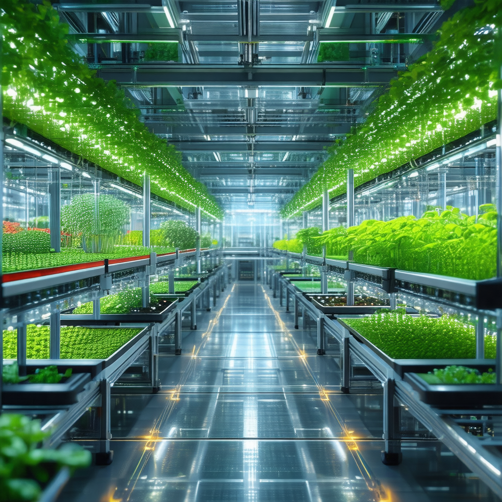 Large, well-lit greenhouse filled with rows of plants