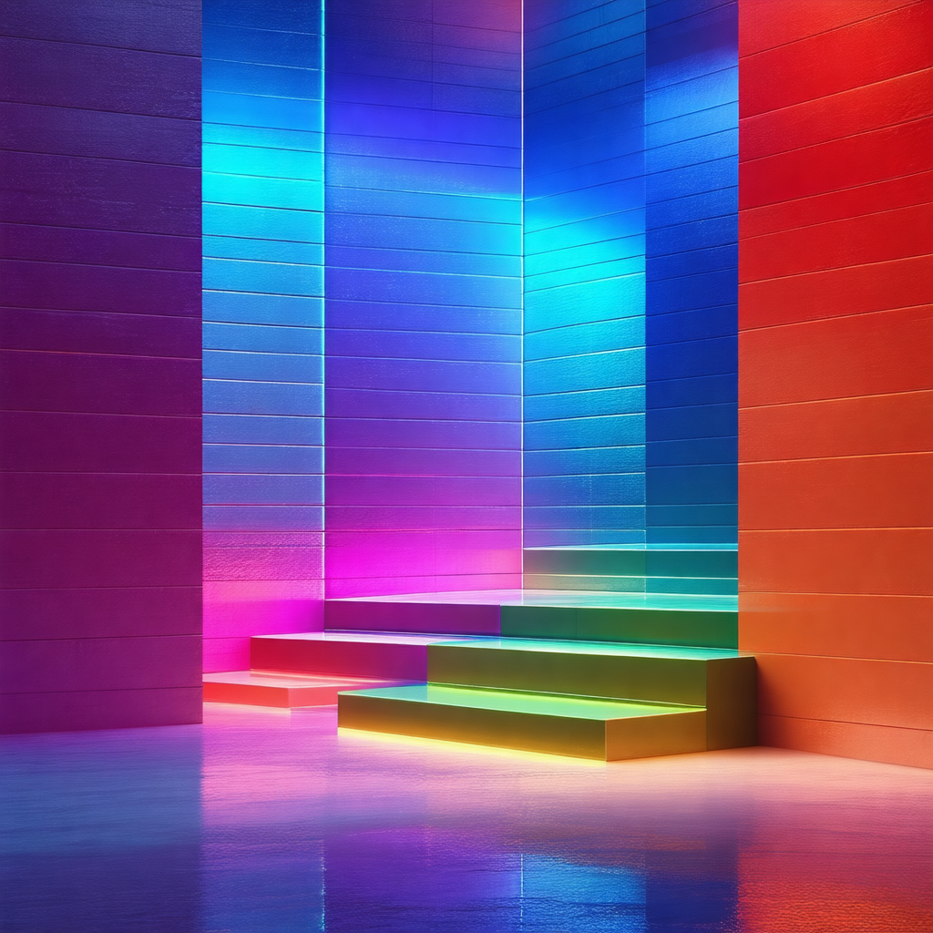 Staircase with a rainbow-colored light illuminating it