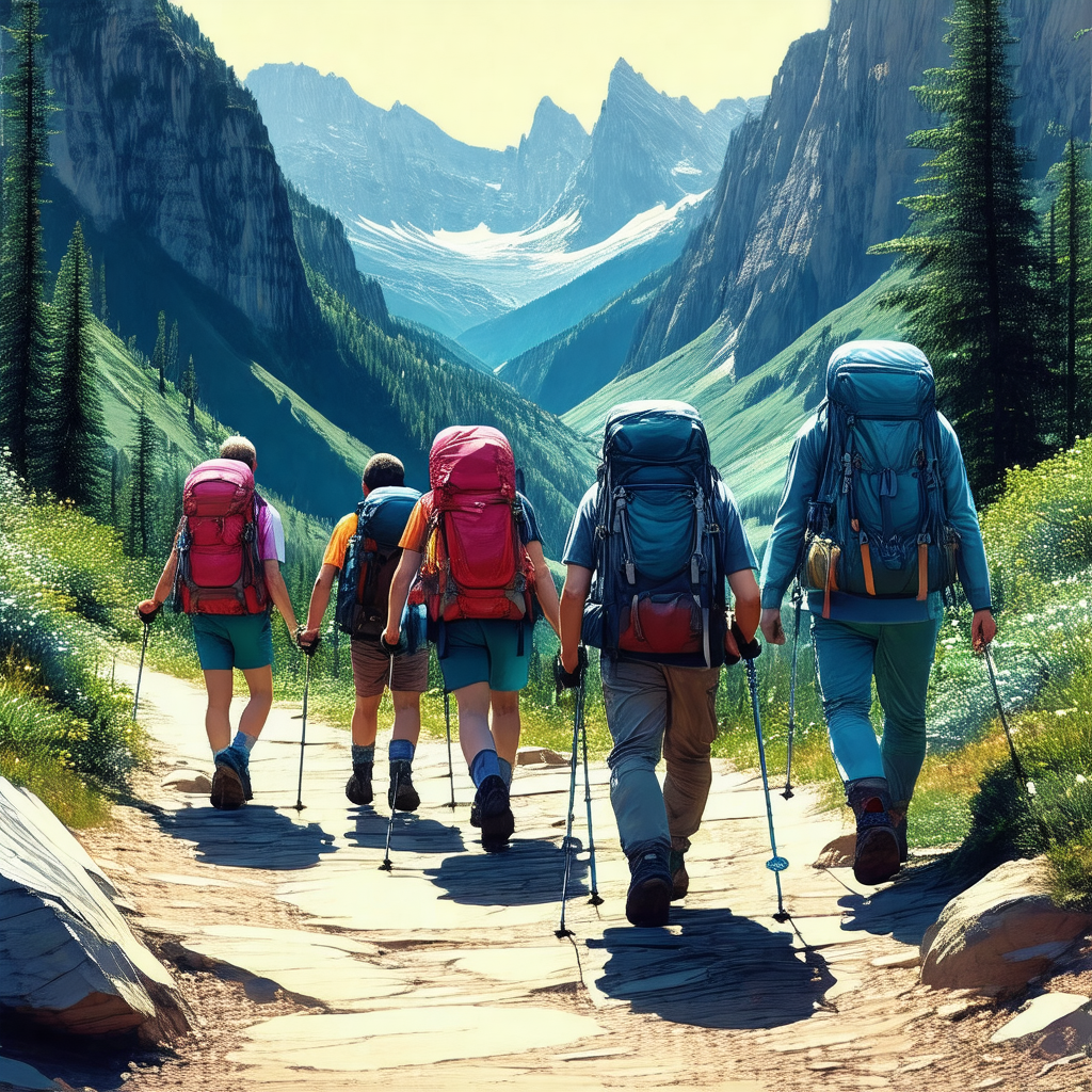 Group of five people walking together on a trail in the m...