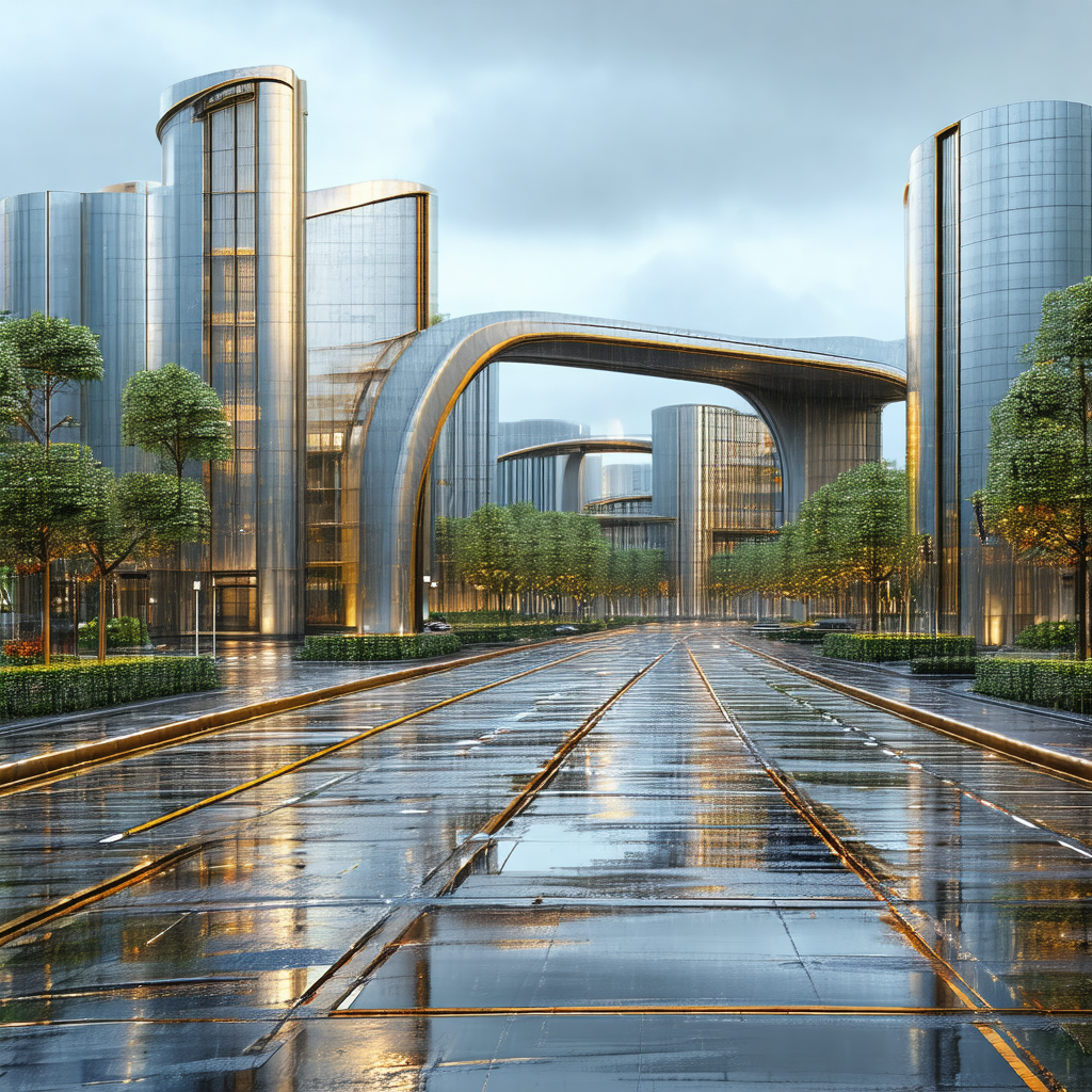 Futuristic city with a large, curved building that resemb...