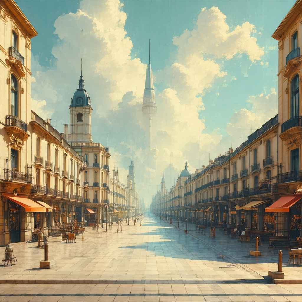 Painting of a city street with a large tower in the backg...