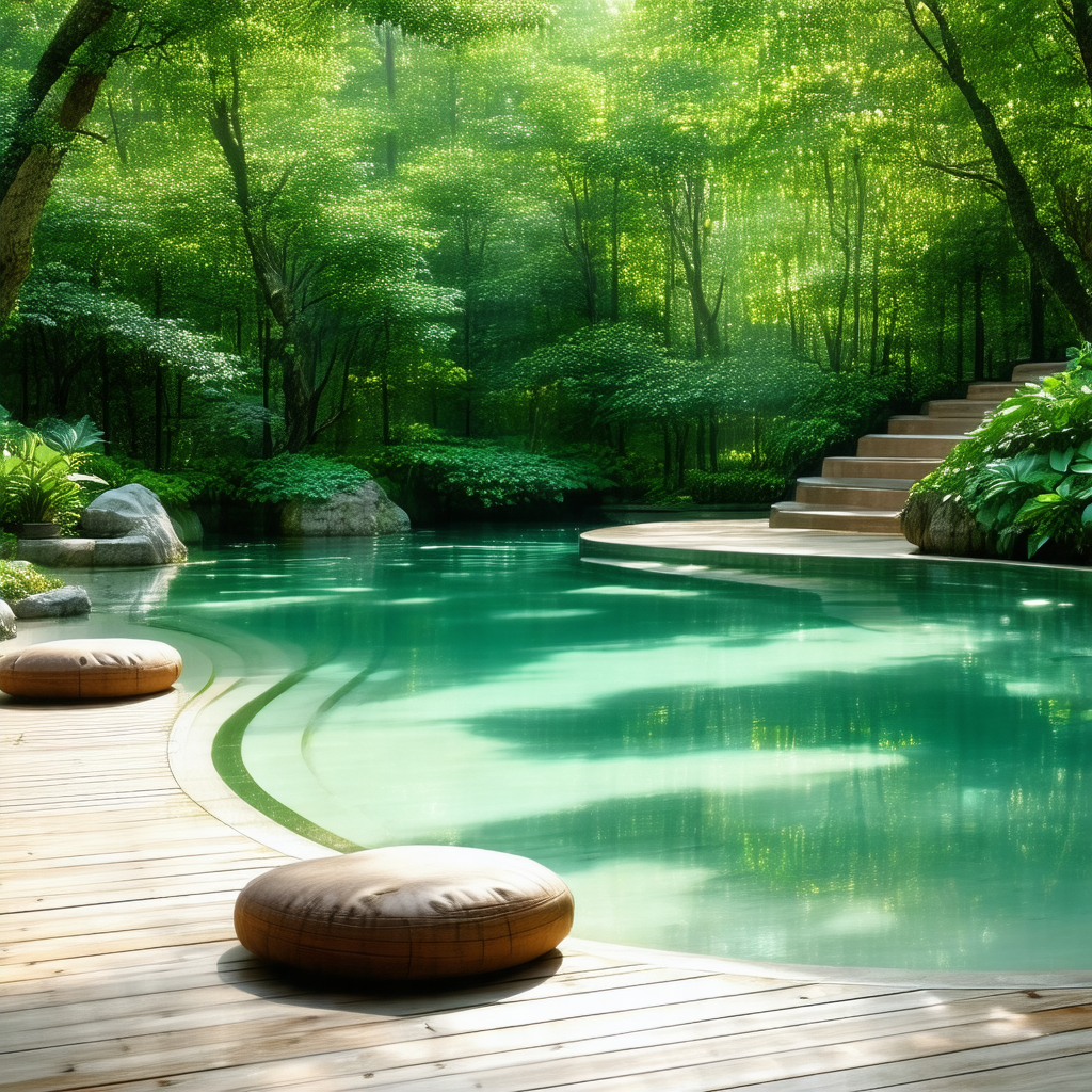 Large swimming pool surrounded by a forest