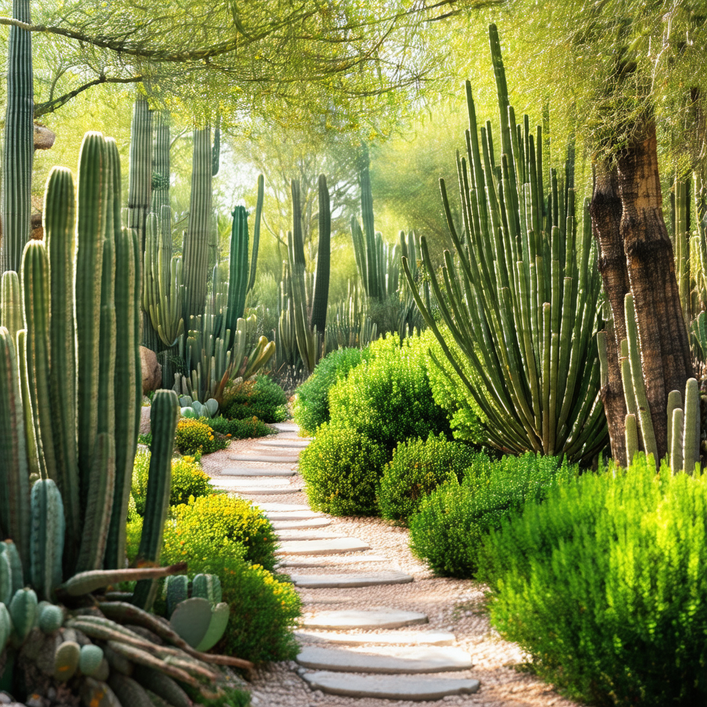 Pathway surrounded by a variety of cacti and other plants