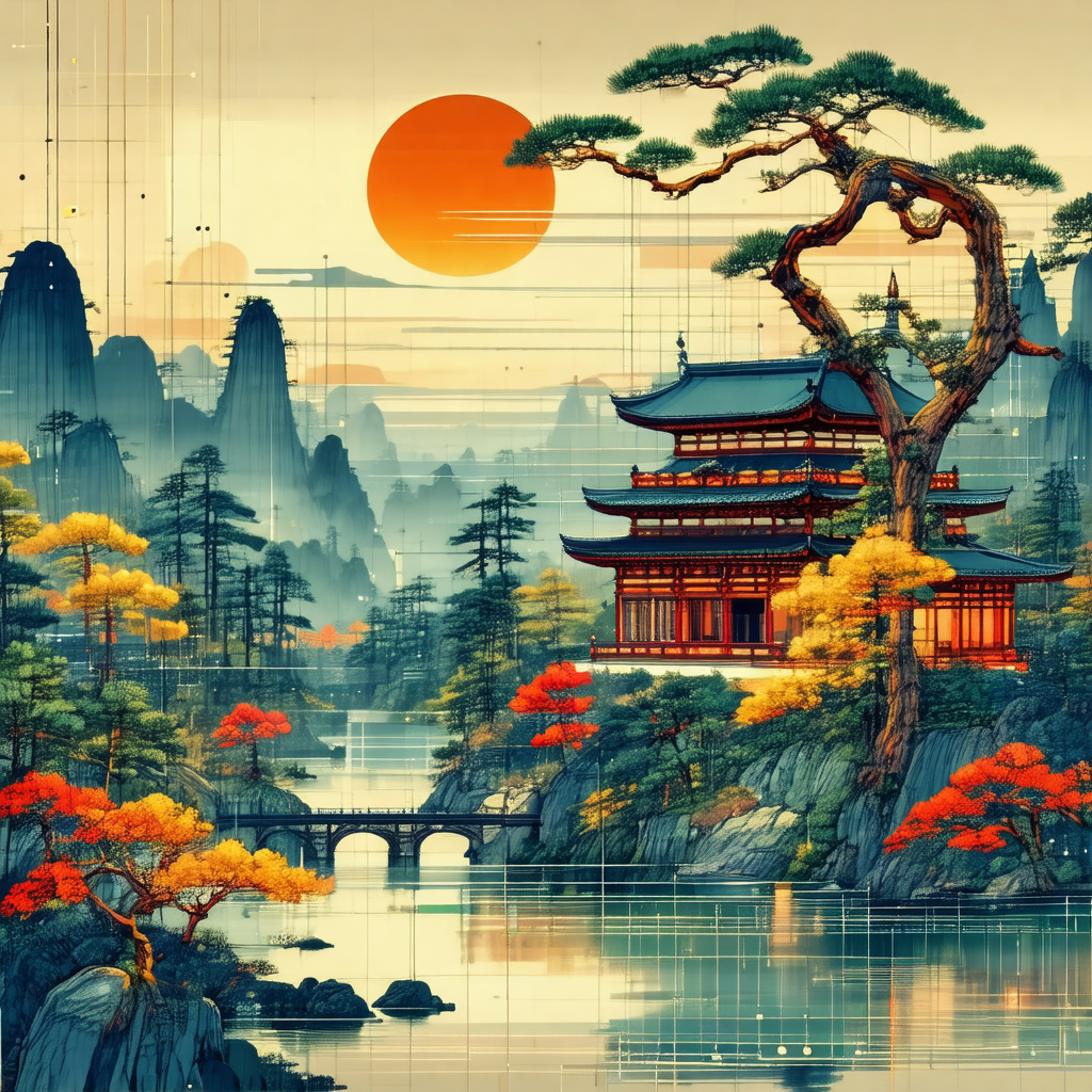Painting of a beautiful landscape featuring a large, orna...