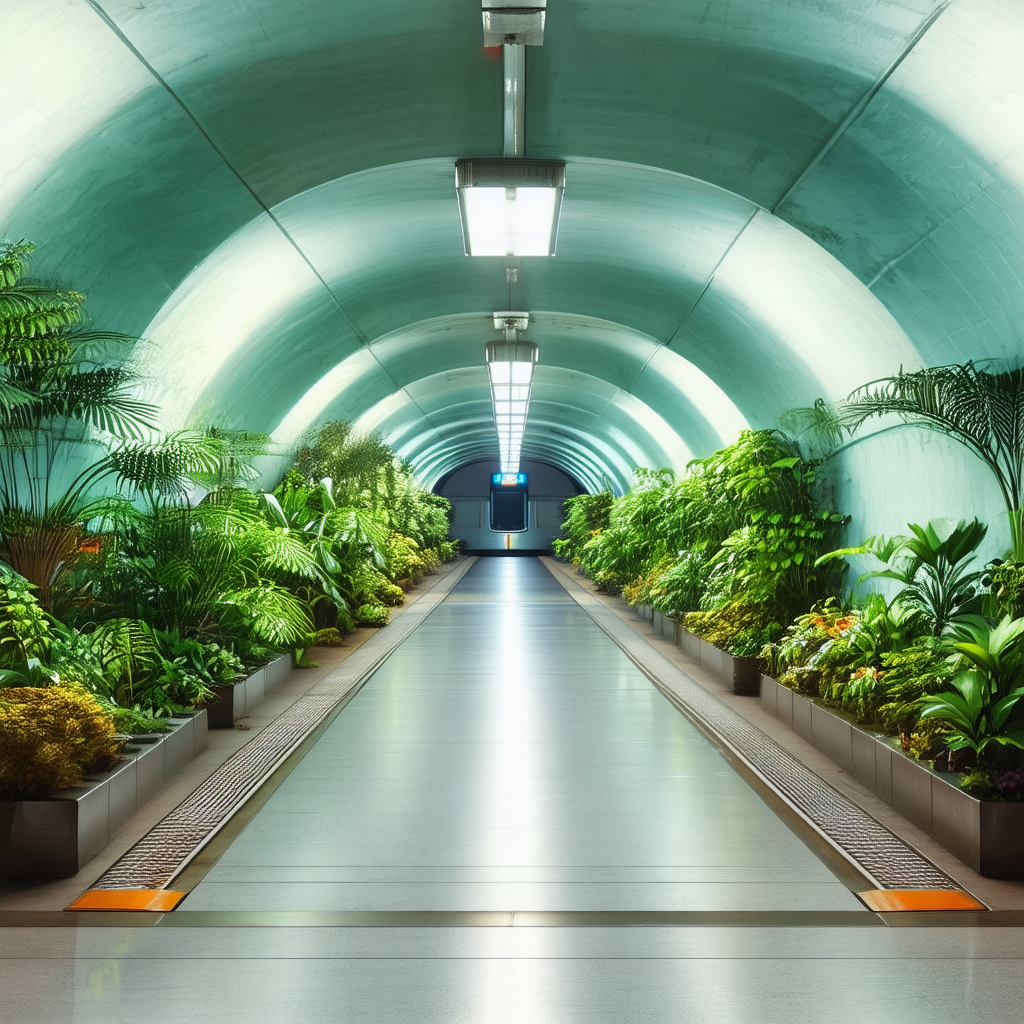 Long, narrow hallway with a row of potted plants lining t...