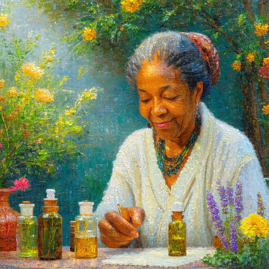 Older woman sitting at a table, surrounded by various bot...