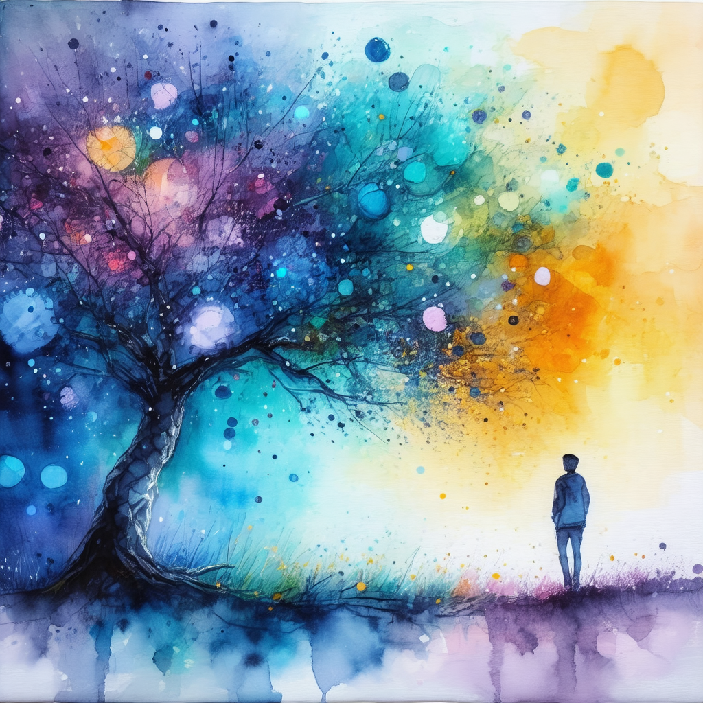 Man standing in a field, looking up at a large tree