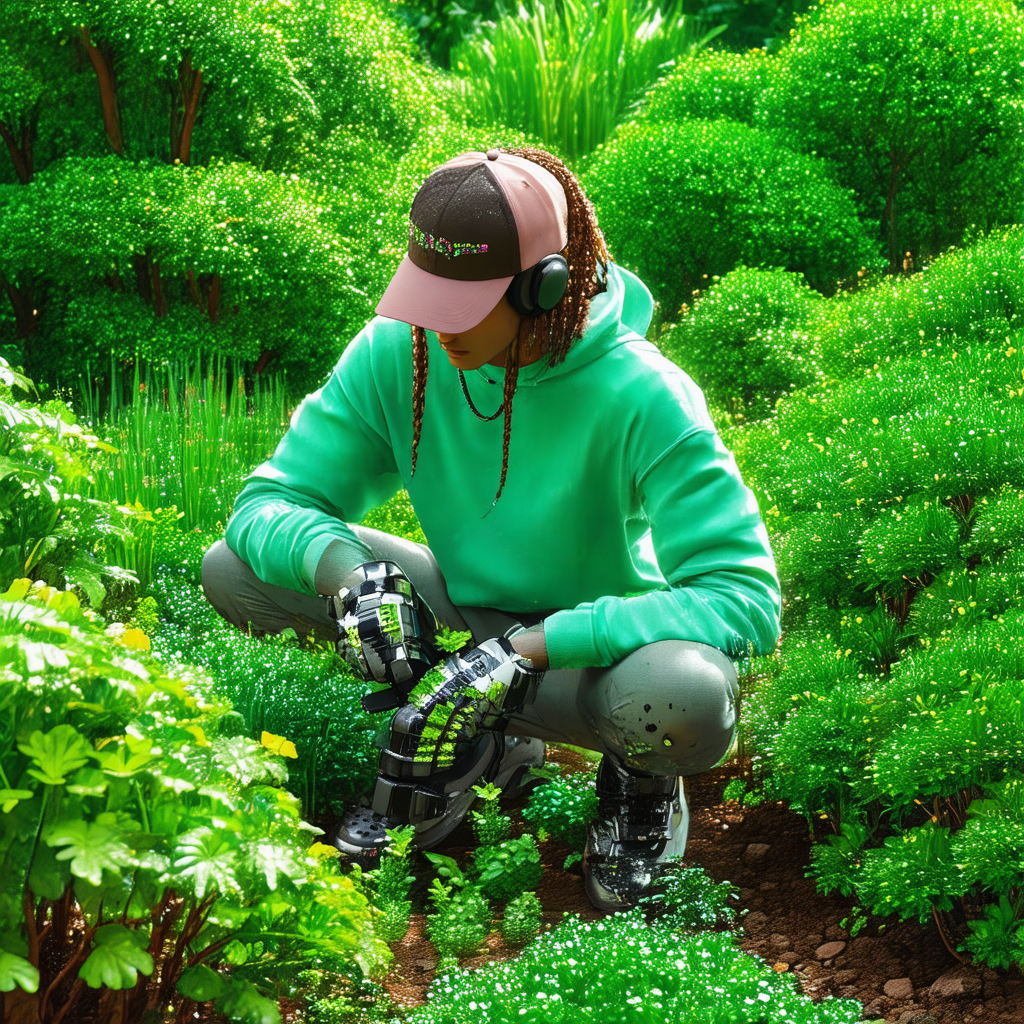Woman wearing a green hoodie and a pink hat, kneeling dow...