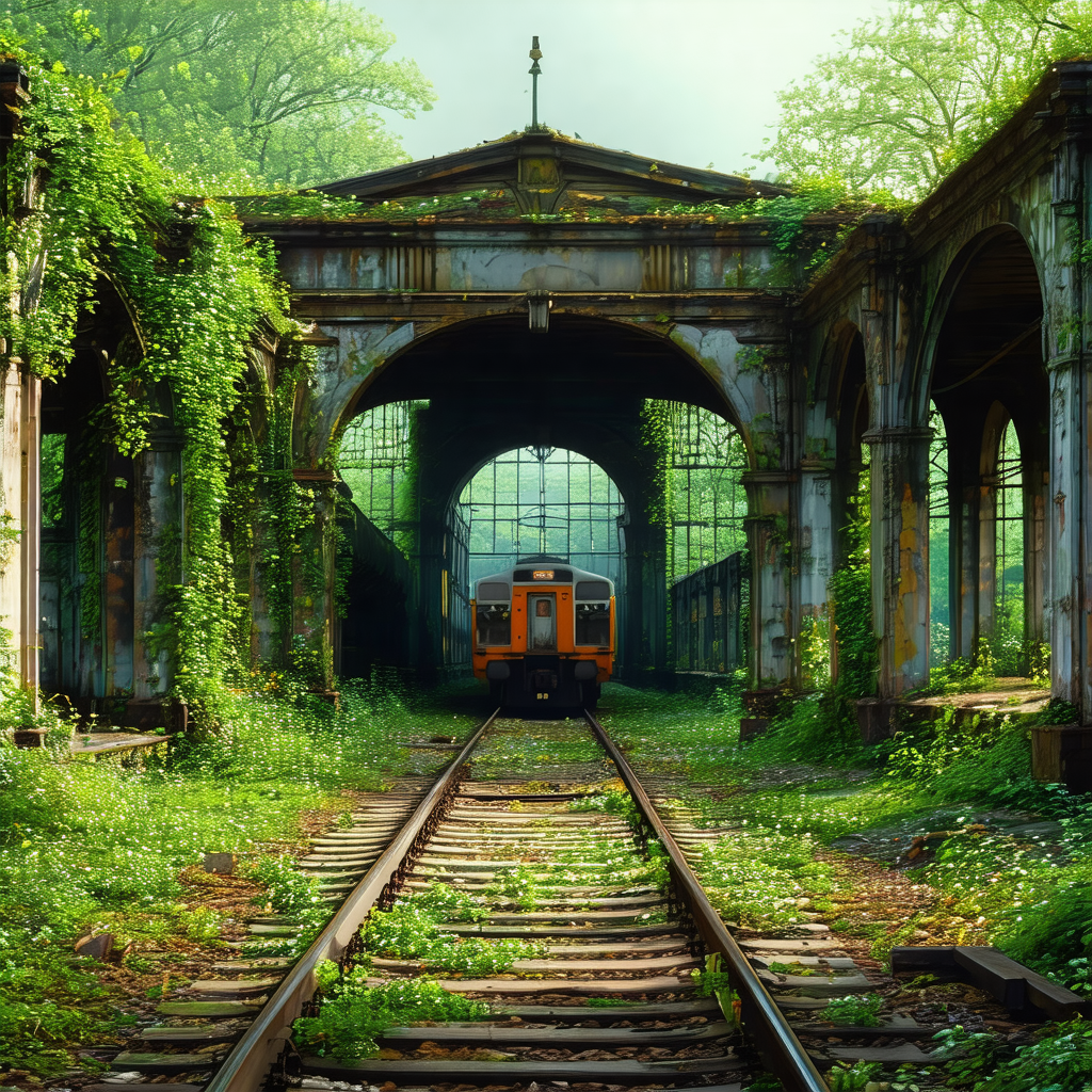Train traveling down a track that is surrounded by a forest