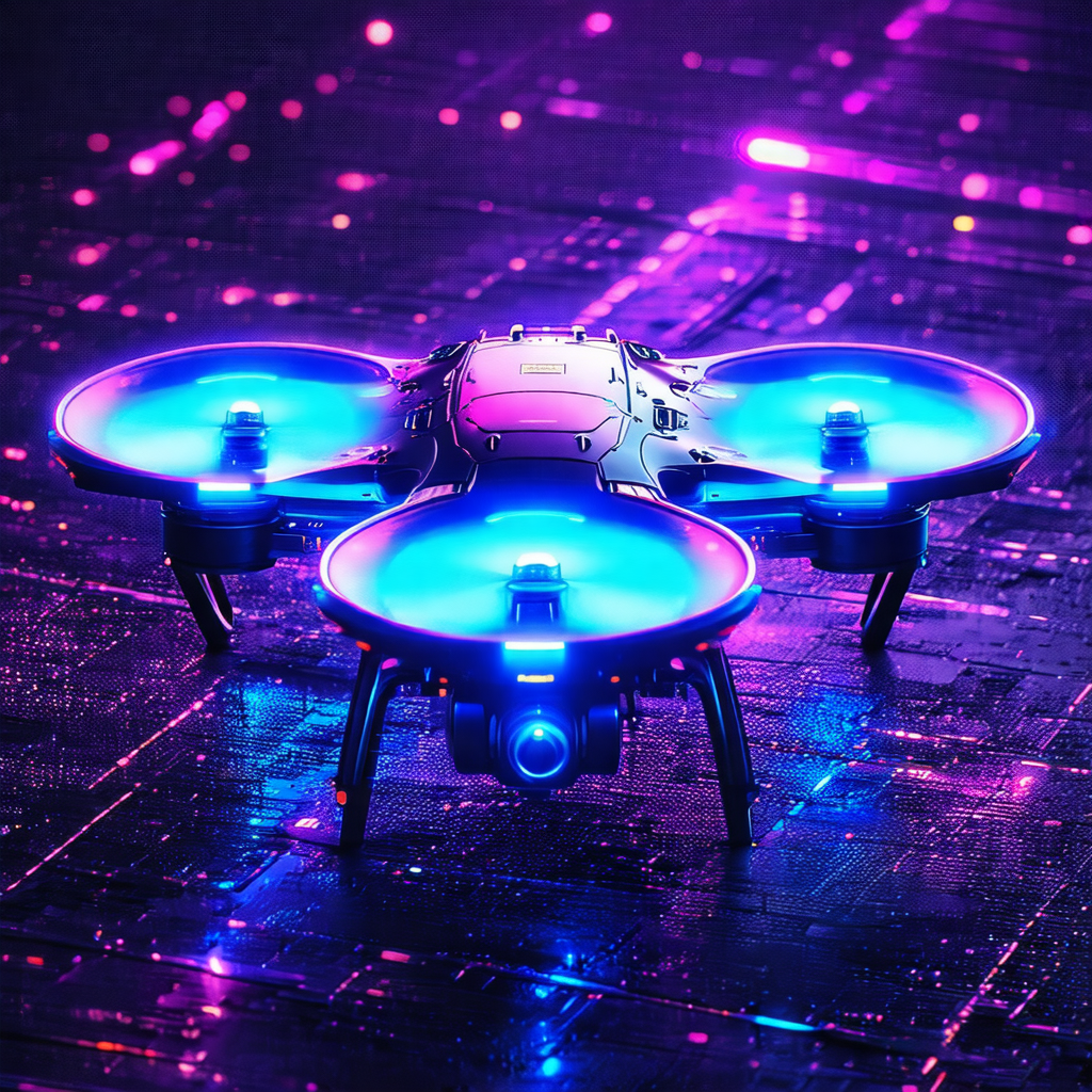 Small, blue and black drone with a purple background