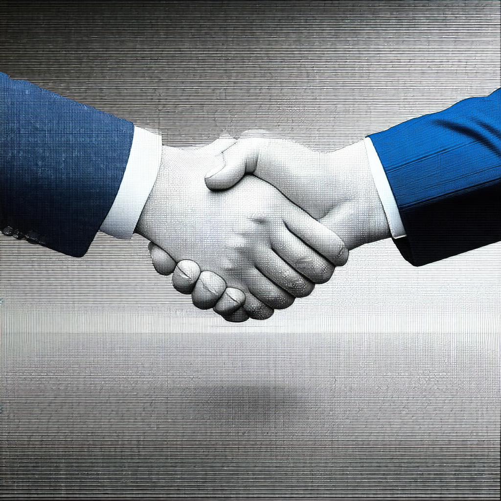 Two men are shaking hands in a business setting