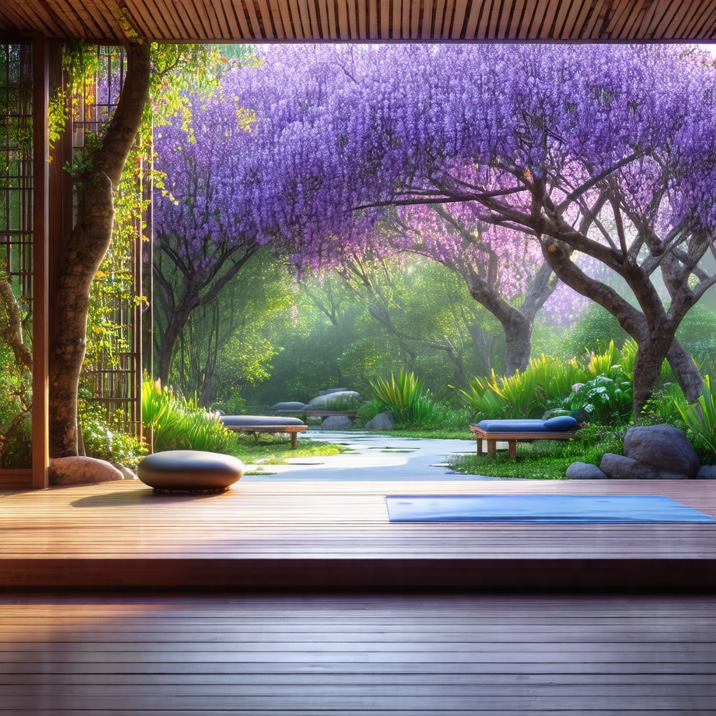 Serene garden setting with a wooden deck and a patio