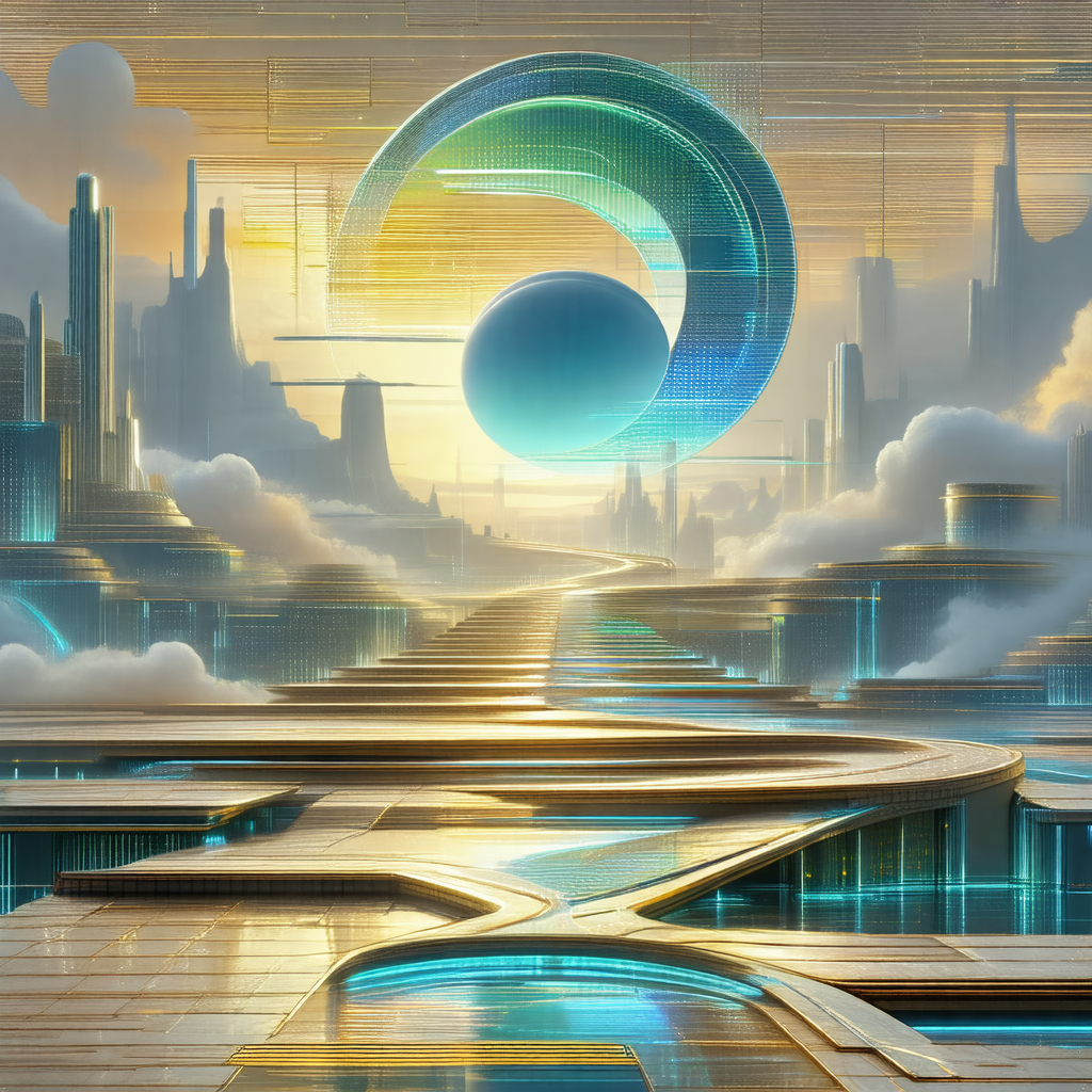 Futuristic cityscape with a large, round, blue object in ...
