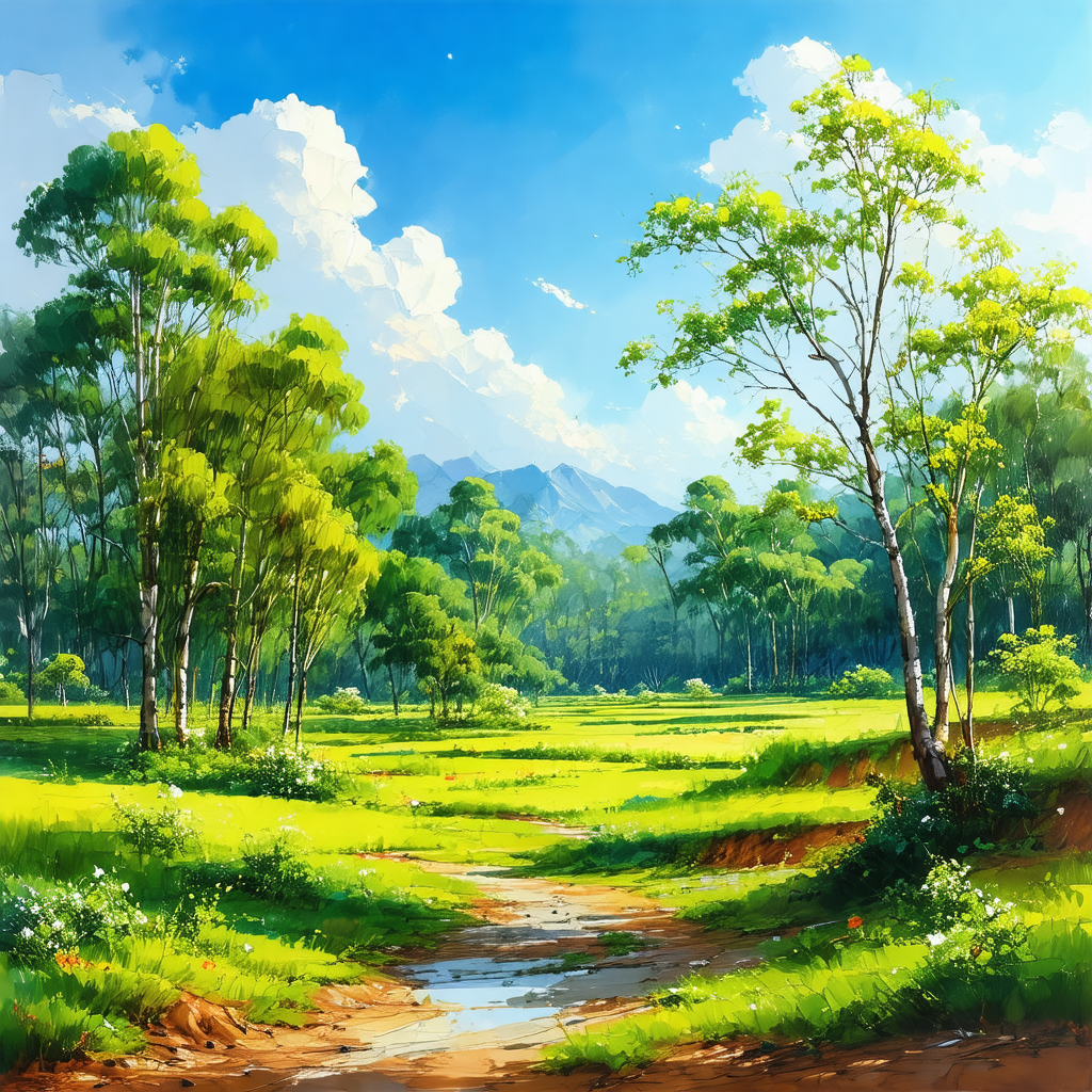 Lush green field with a dirt road running through it