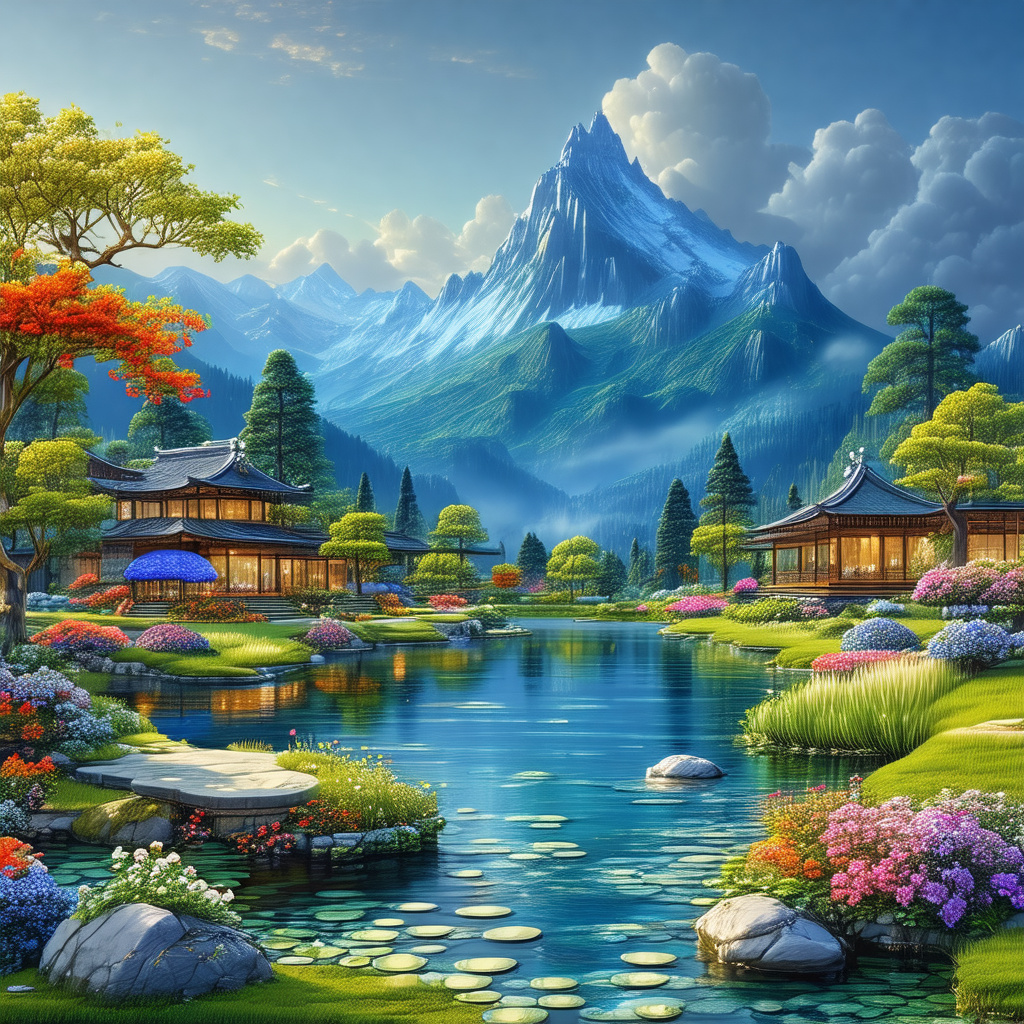 Beautifully drawn painting of a mountainous landscape wit...