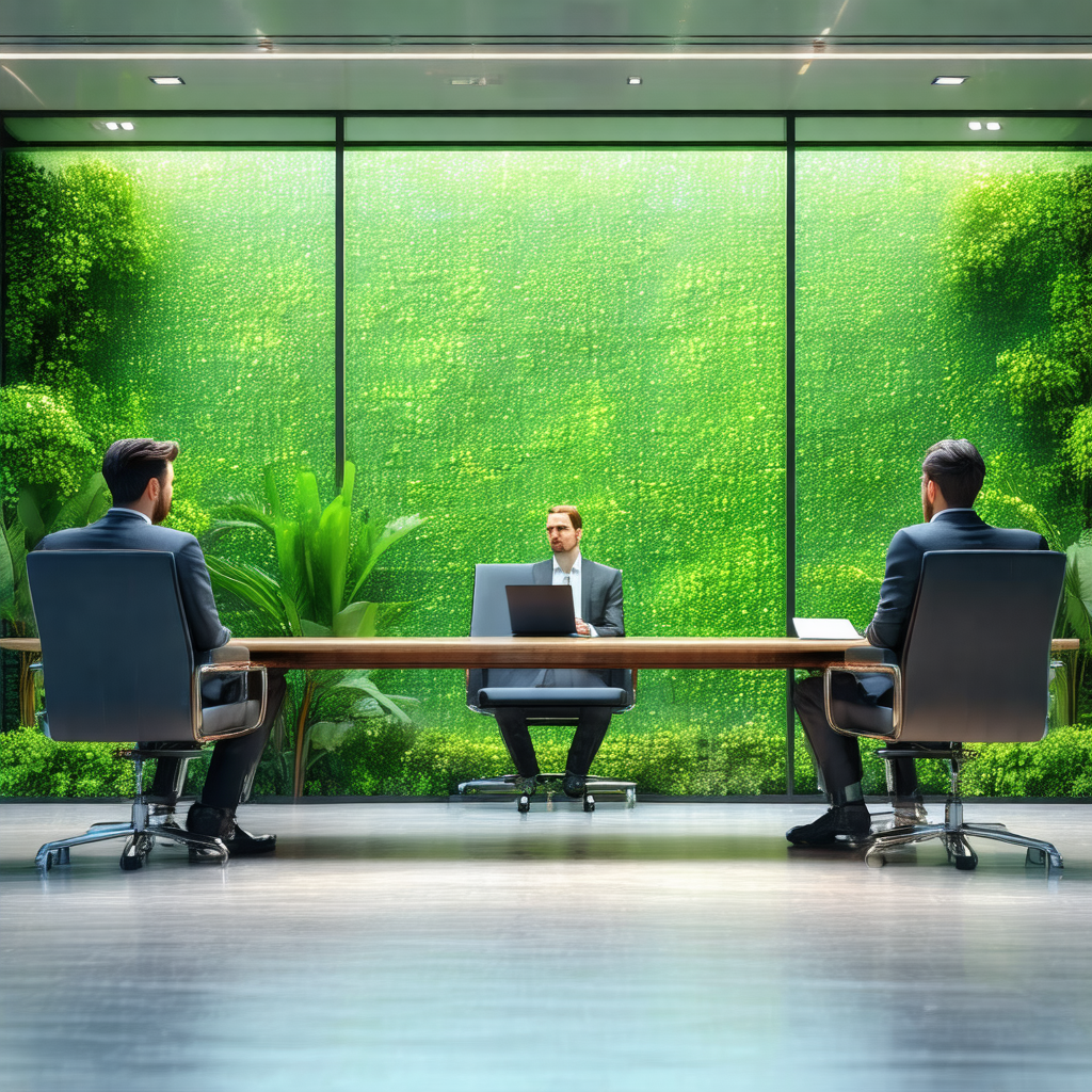 Conference room with three men sitting at a long table