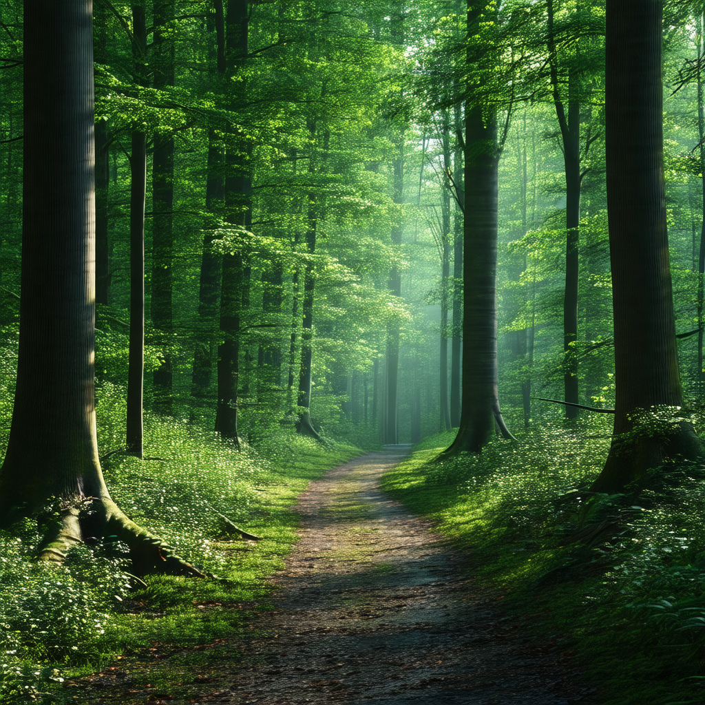 Serene forest scene with a dirt path running through it