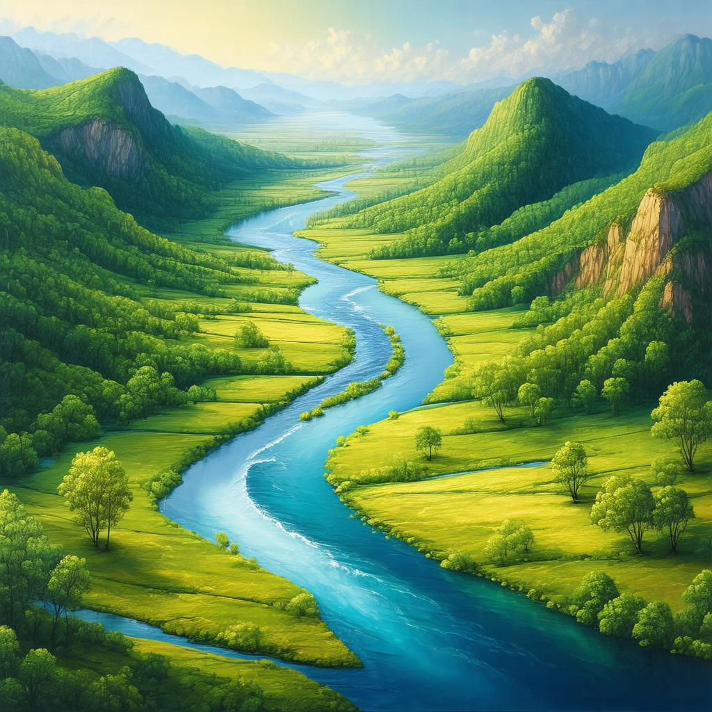 Painting of a beautiful river flowing through a lush gree...