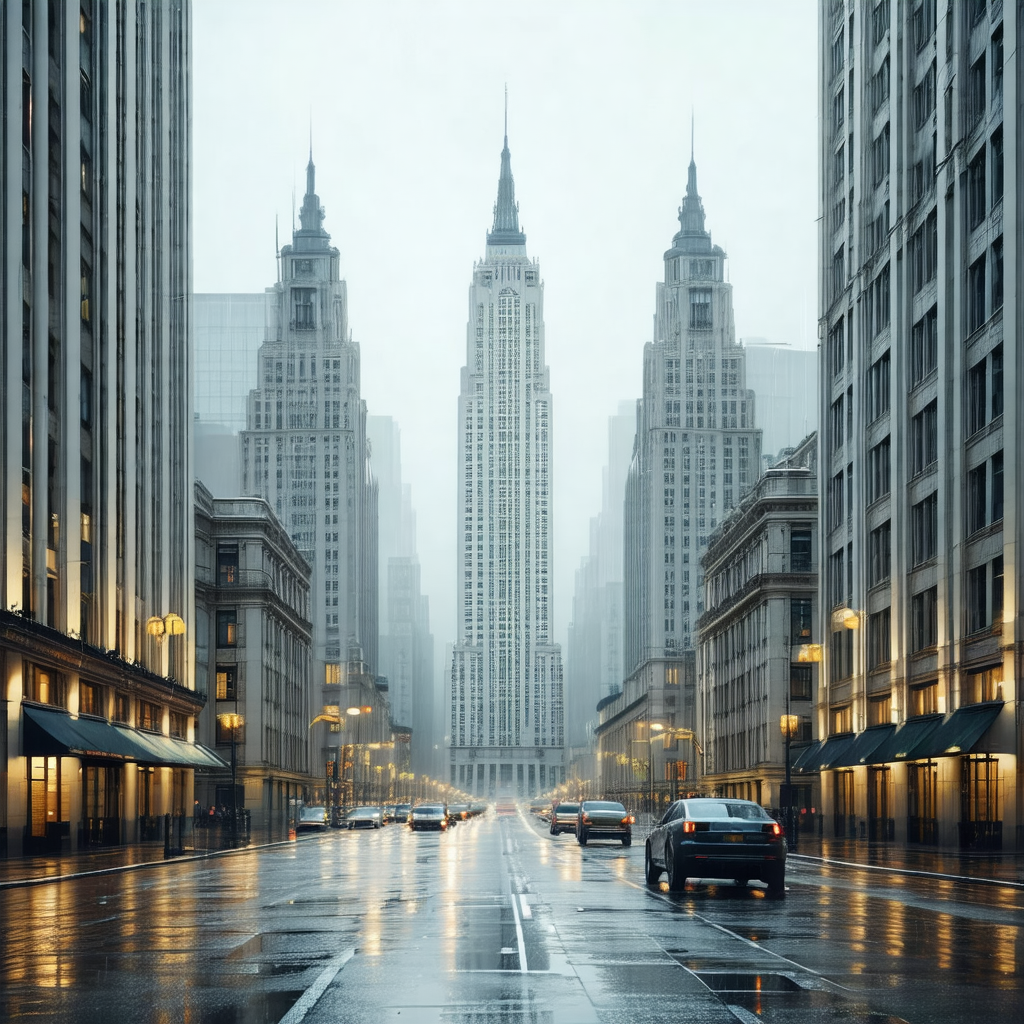 City street at night, with a line of tall buildings on on...