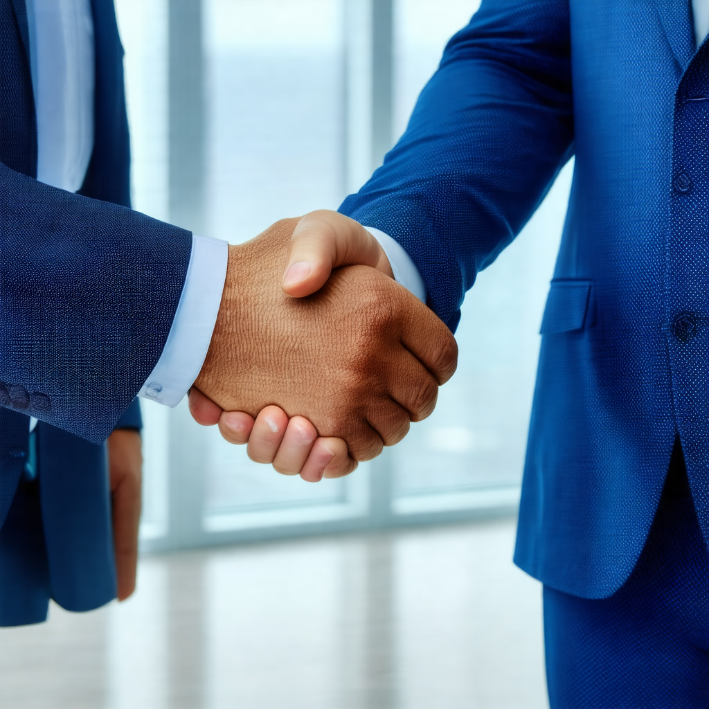Two men in suits shaking hands in a professional setting