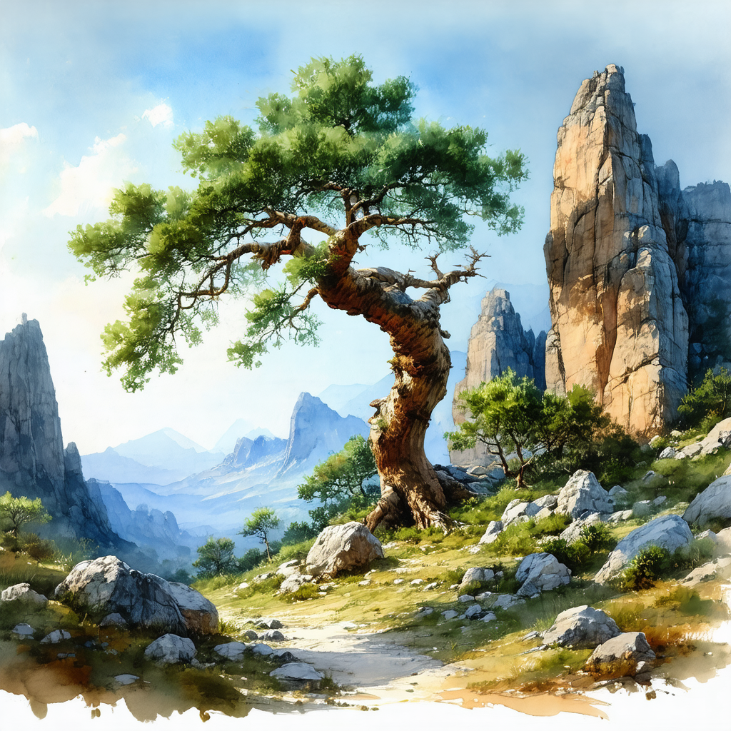 Large, twisted tree with a gnarled trunk, situated in a r...