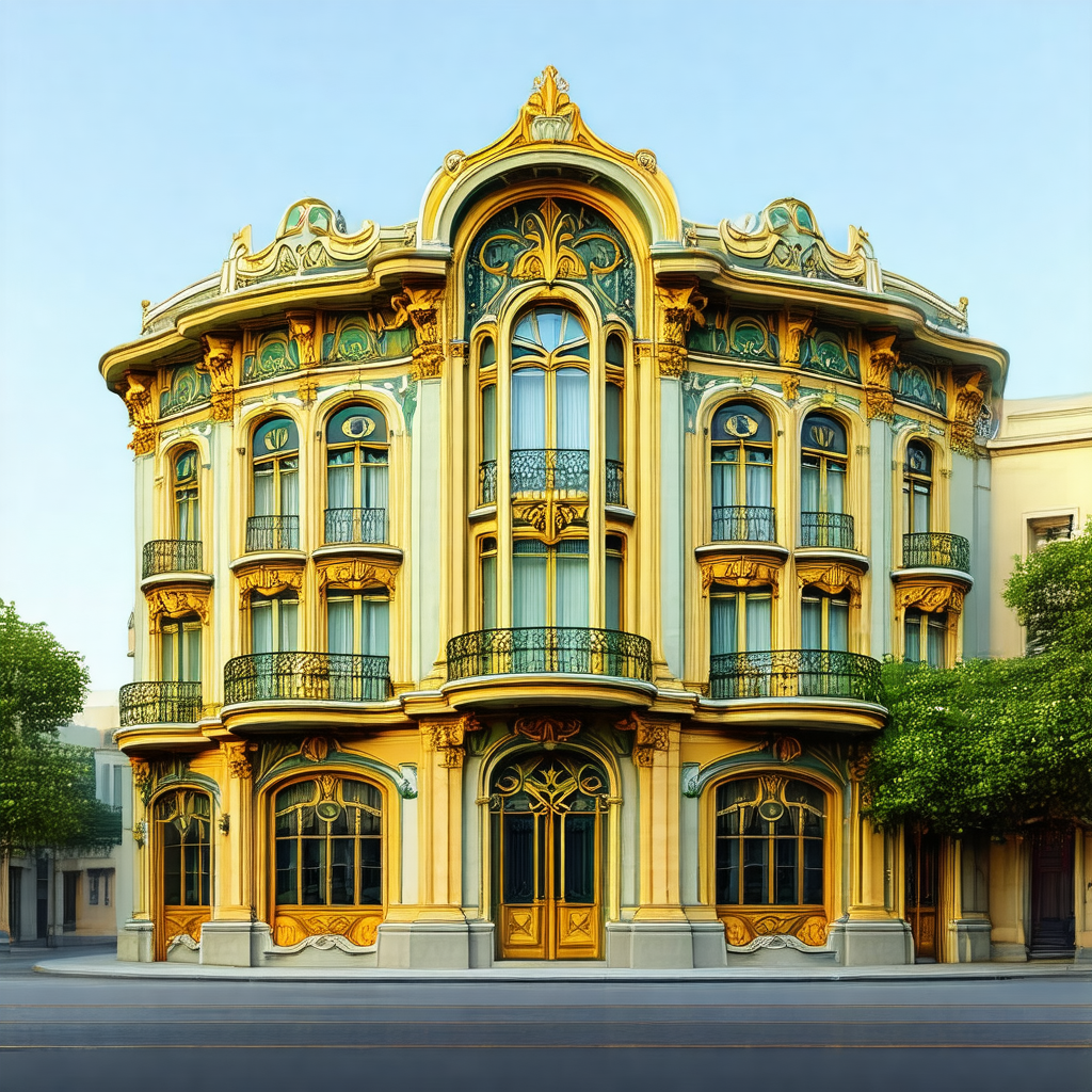Large, ornate building with a yellow and green facade