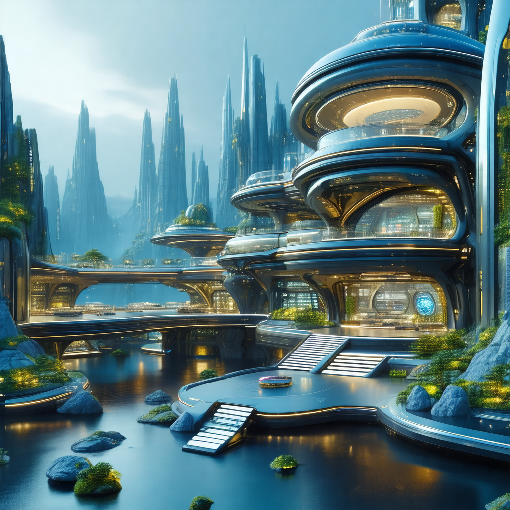 Futuristic cityscape with a large, sprawling building tha...