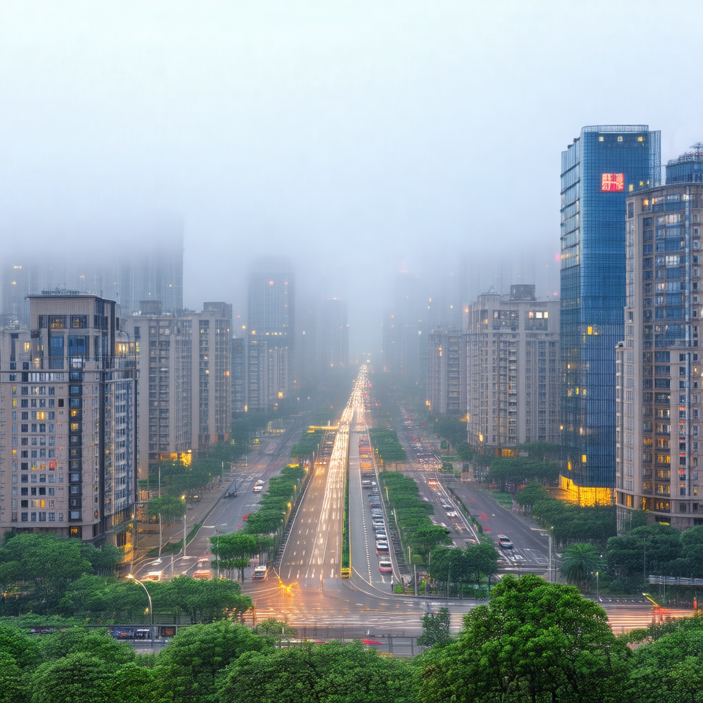 City street at night, with a dense fog covering the area