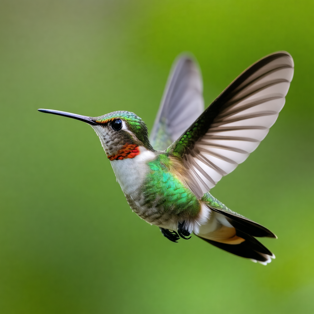 Green and red hummingbird flying through the air