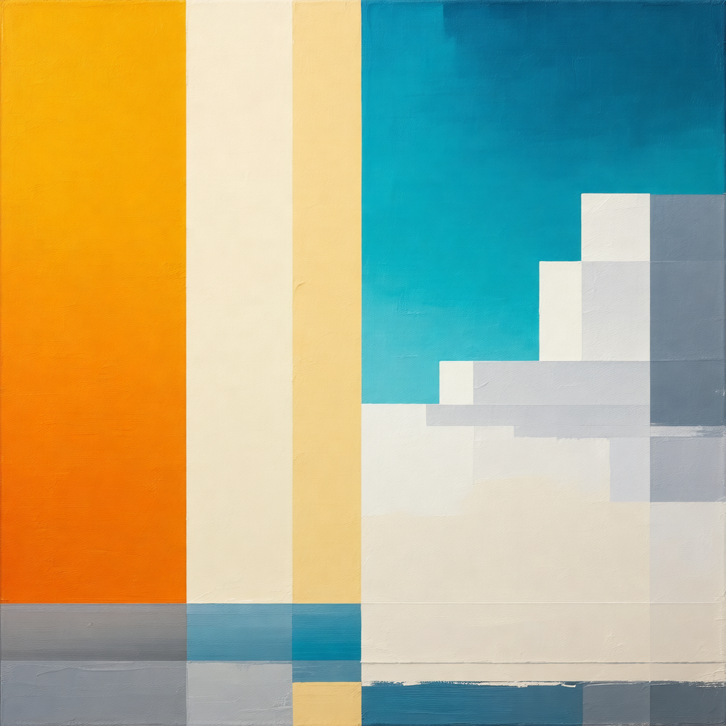 Painting of a beach scene, featuring a large white buildi...