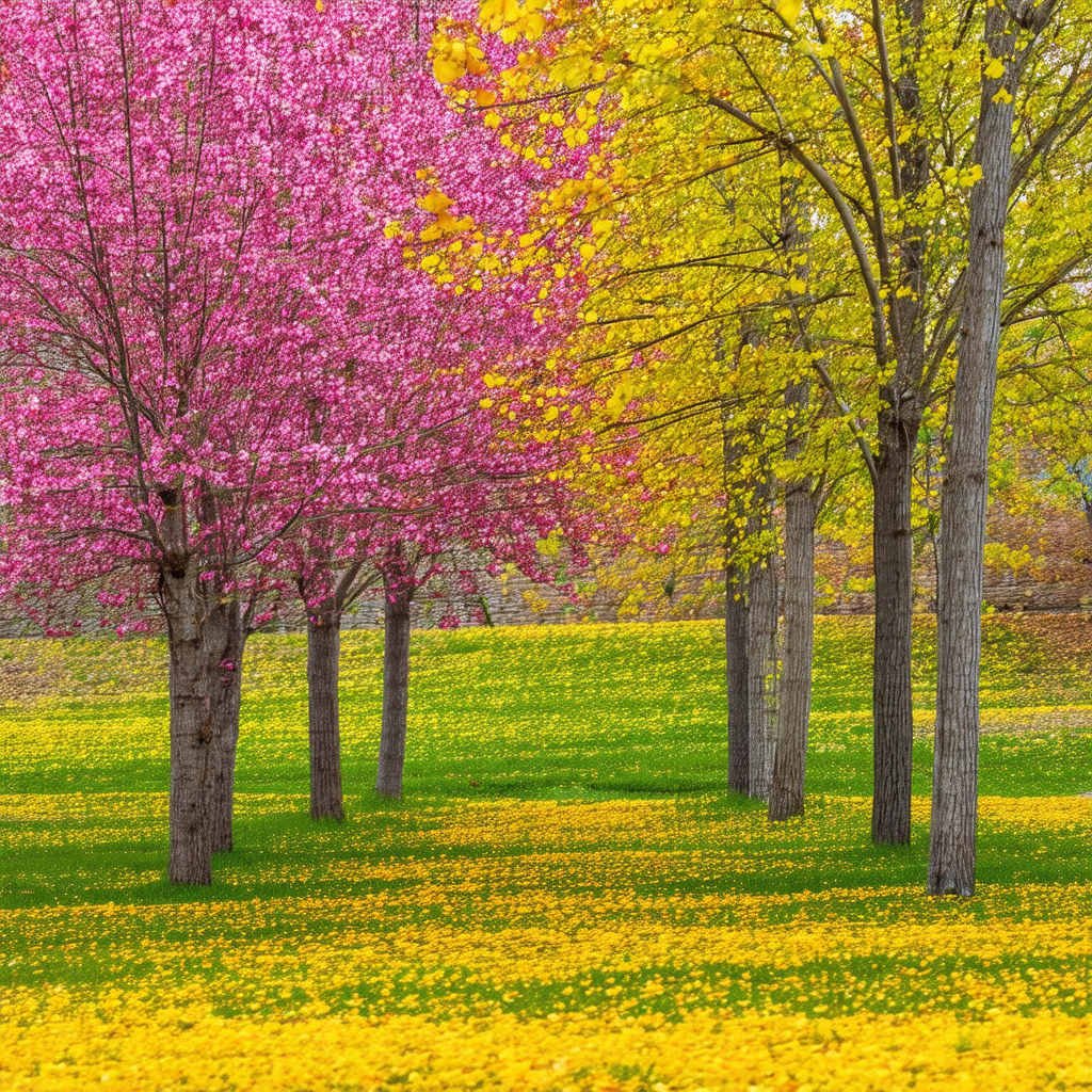 Beautiful park with a grassy field and a row of trees