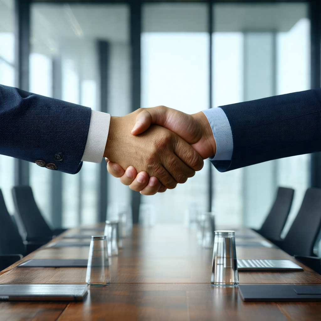 Man and a woman shaking hands over a wooden table
