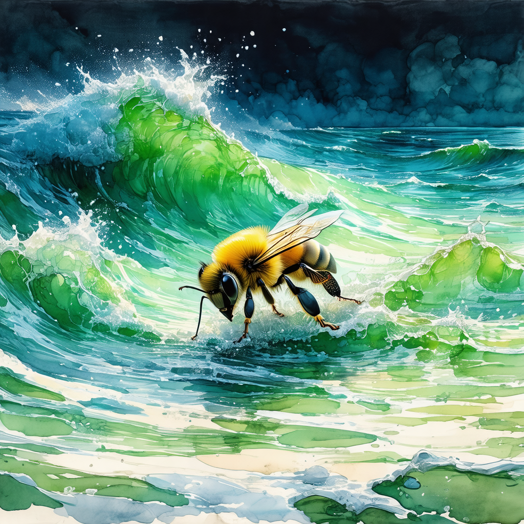 Bee standing on a wave in the ocean