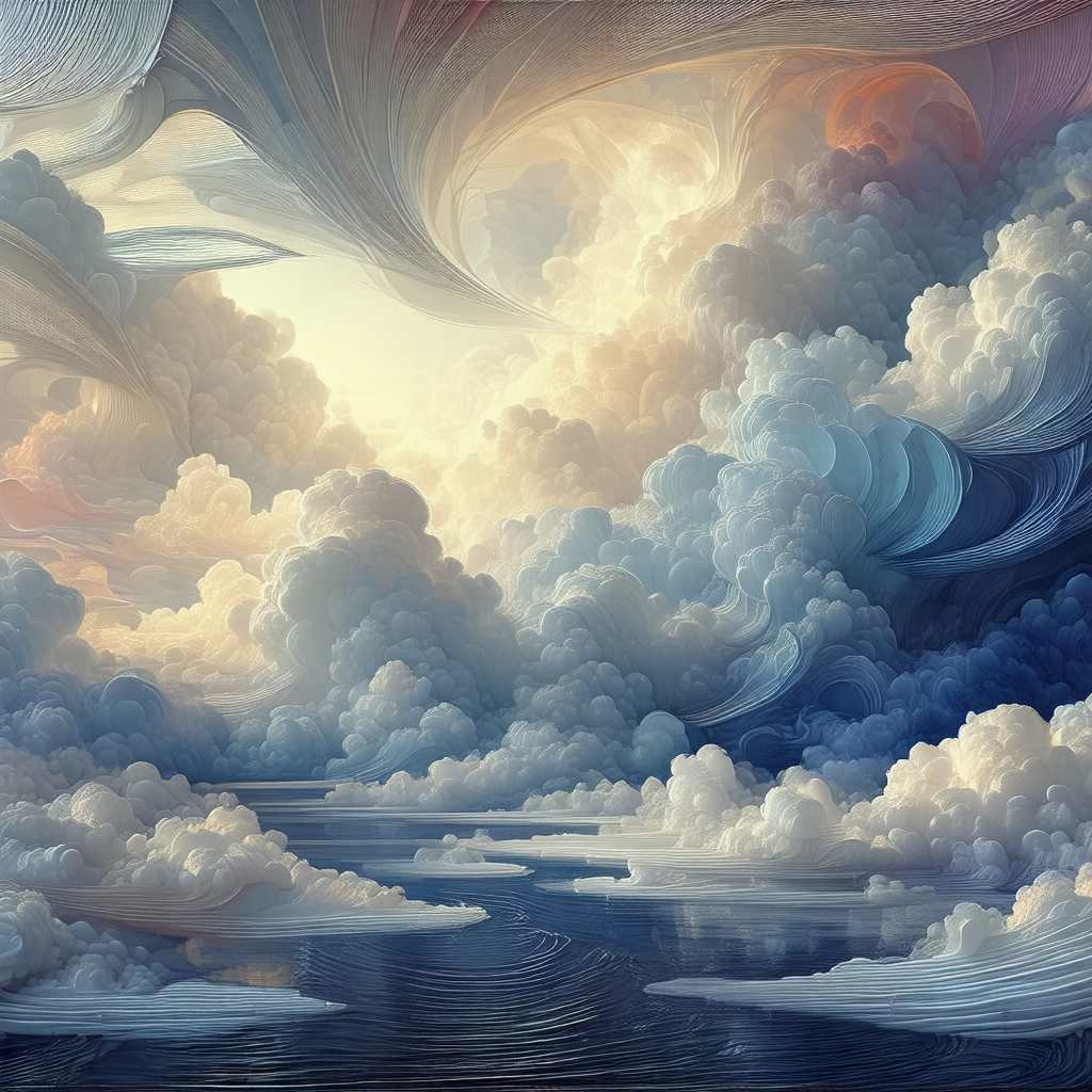 Painting of a cloudy sky with a body of water, possibly a...