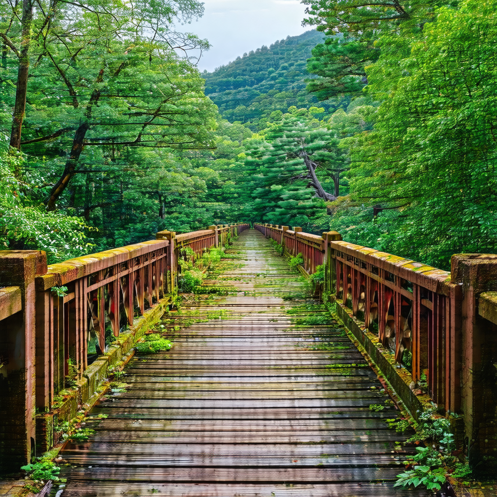 Wooden bridge that spans across a river