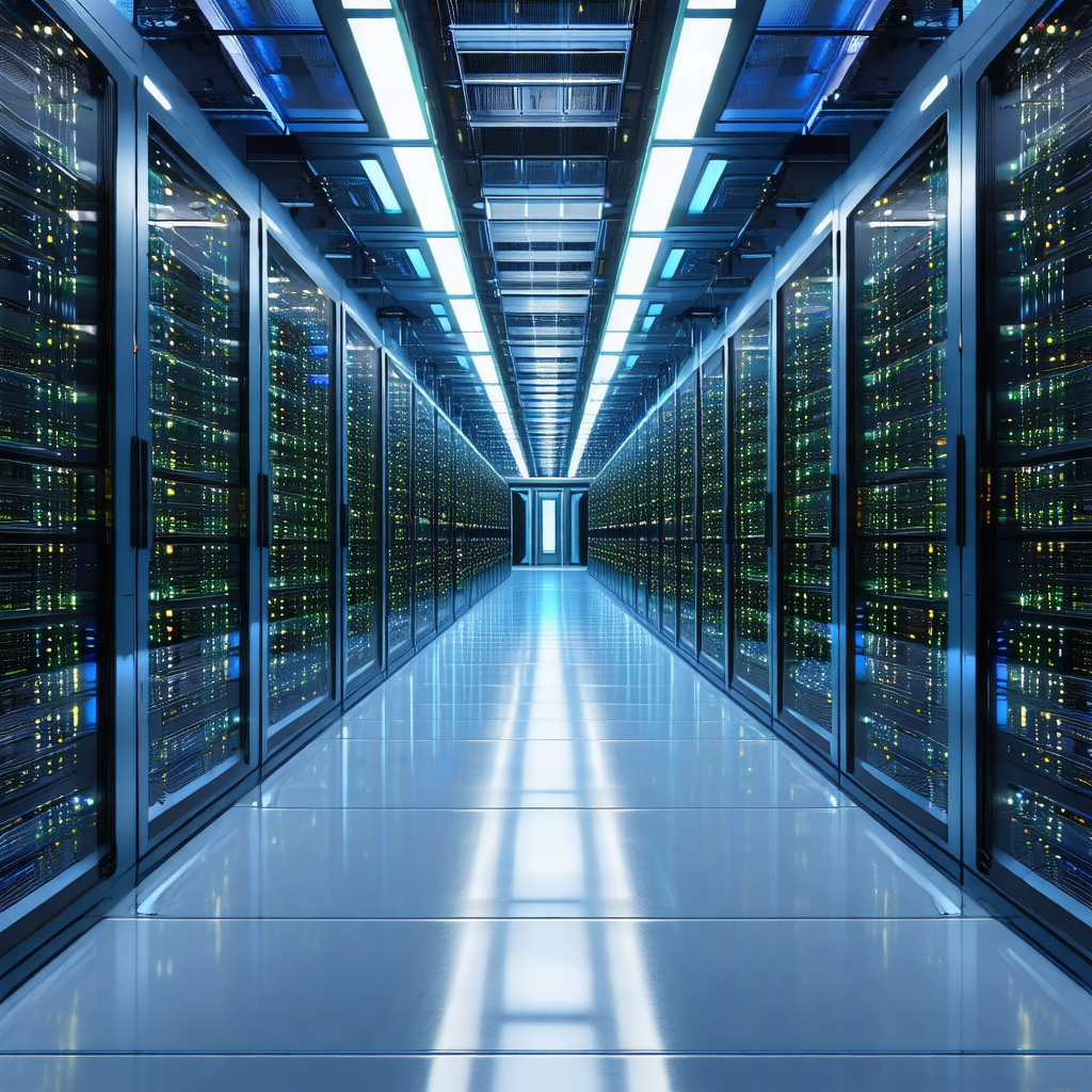 Large, well-lit data center filled with rows of servers
