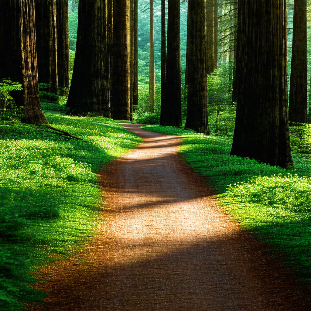 Serene forest scene with a dirt road running through it