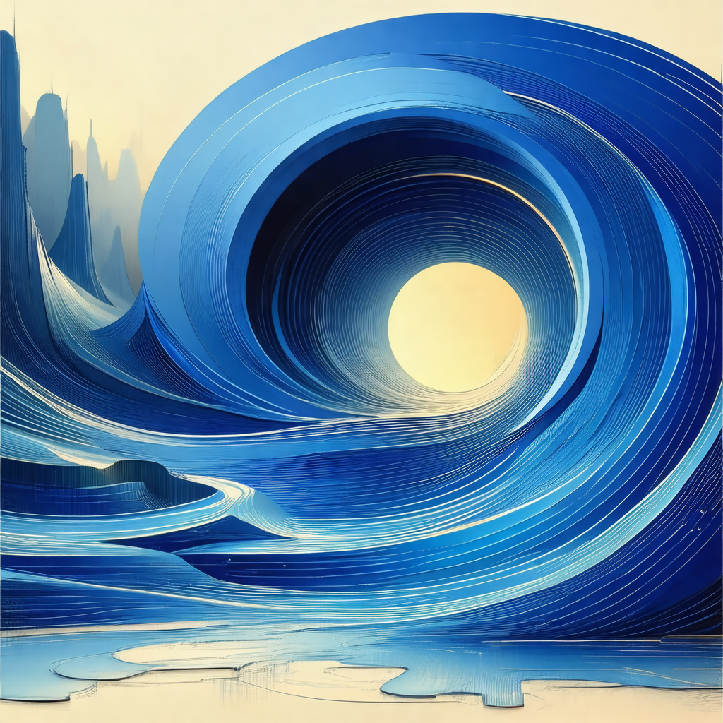 Painting of a blue ocean with a wave that is breaking