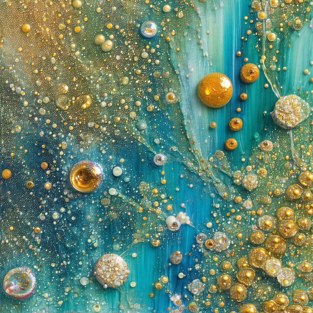 Close-up of a painting, featuring a blue background with ...