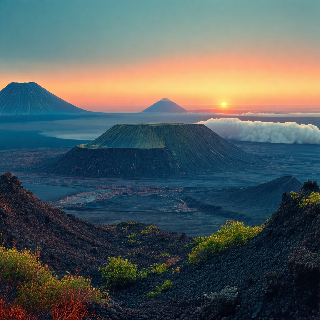 Beautiful sunset over a landscape of volcanic mountains