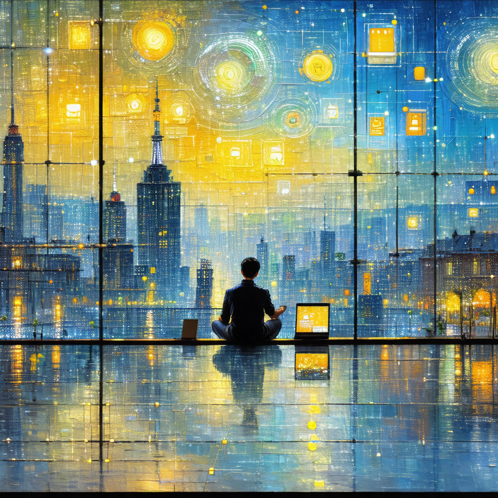 Man sitting on a bench in front of a large window, which ...