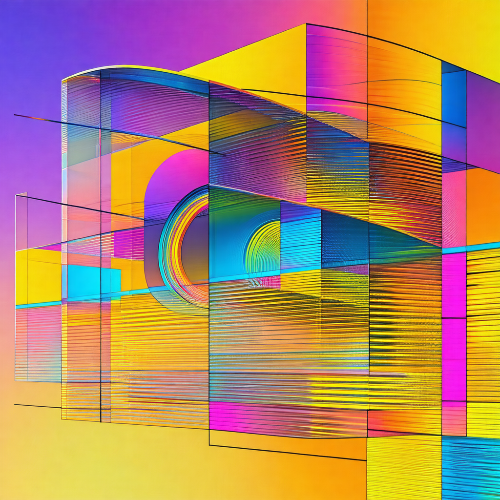 Colorful, abstract art piece featuring a large, curved st...