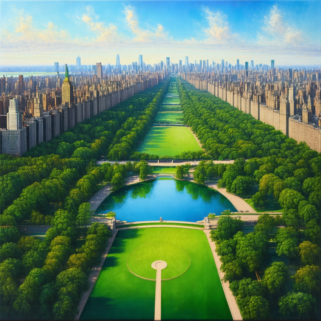 Painting of a cityscape, featuring a large park with a la...
