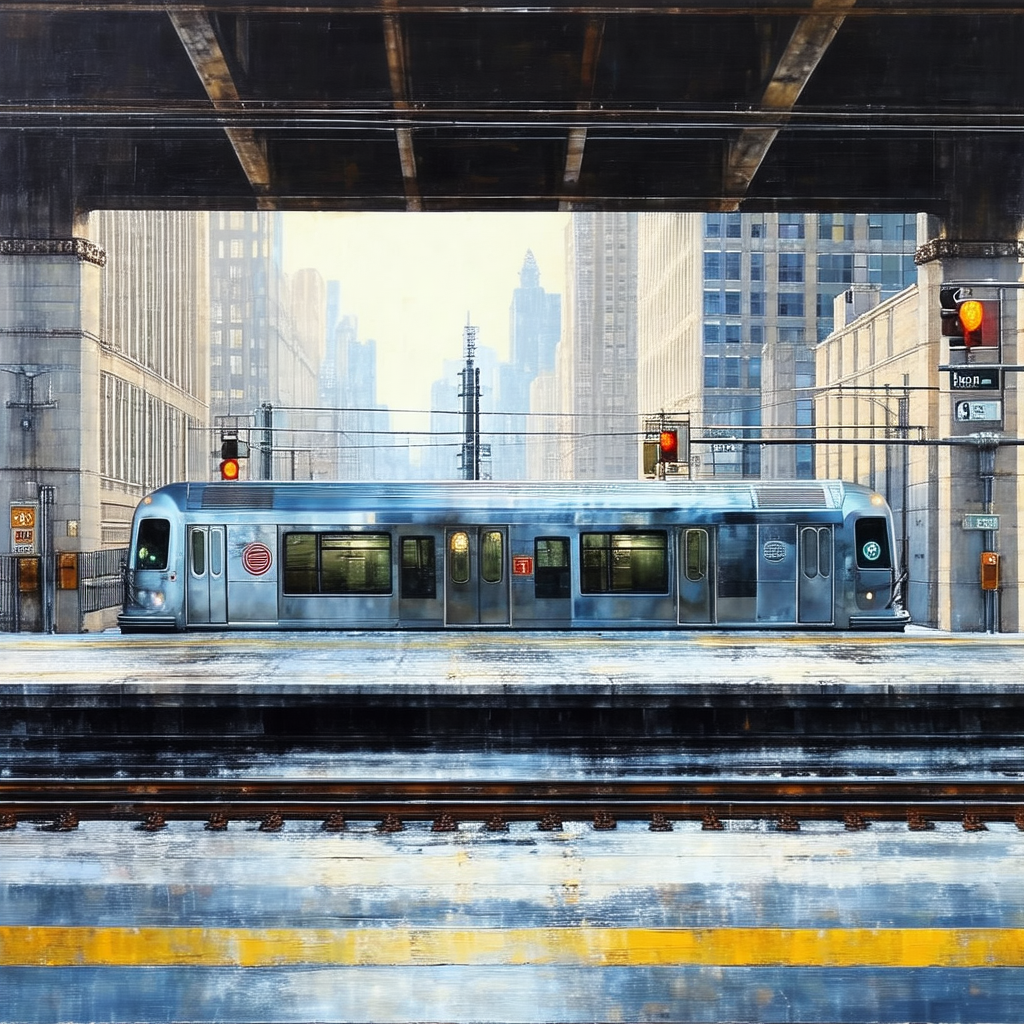 Train traveling down the tracks, with a large building in...