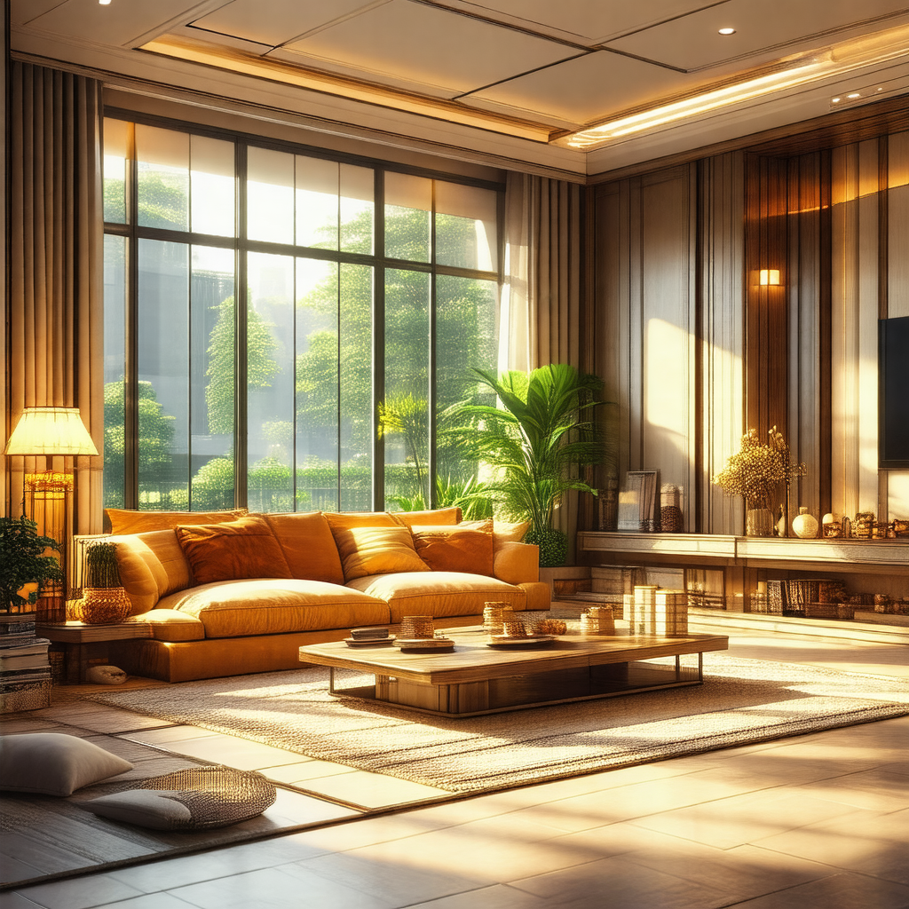 Spacious living room with a large couch and a coffee table
