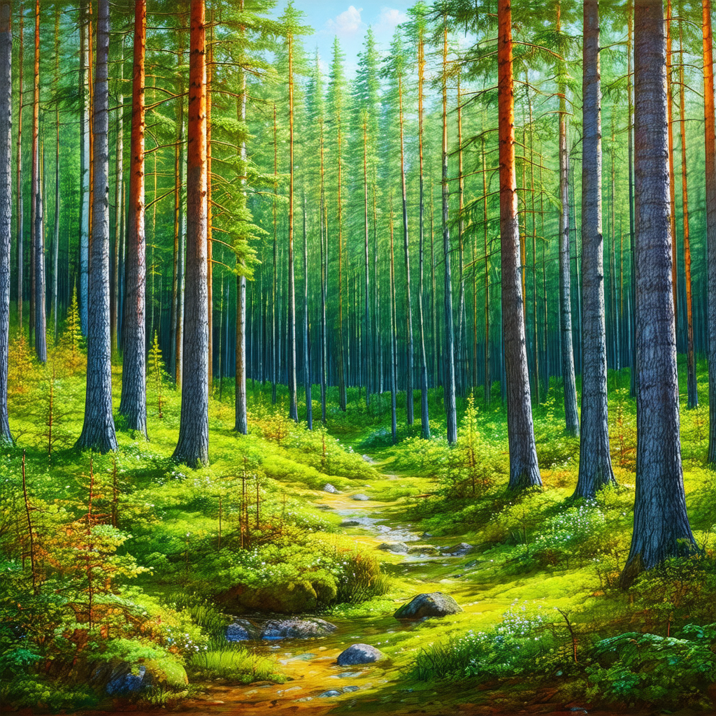 Lush green forest with a pathway leading through the trees
